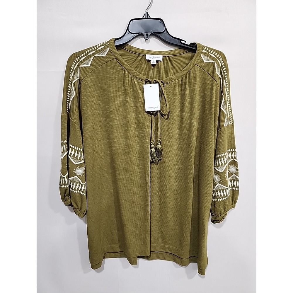 Westbound NWT Tunic Blouse Womens 2X Olive Green 3/4 Sleeve Embroidered Boho